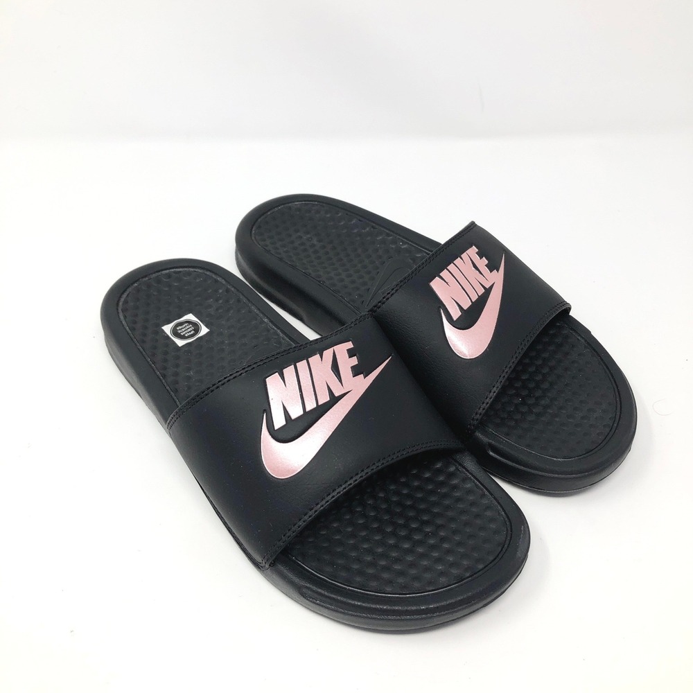 Nike Benassi JDI Black Rose Gold Metallic Logo Slide Sandals Women Size 7